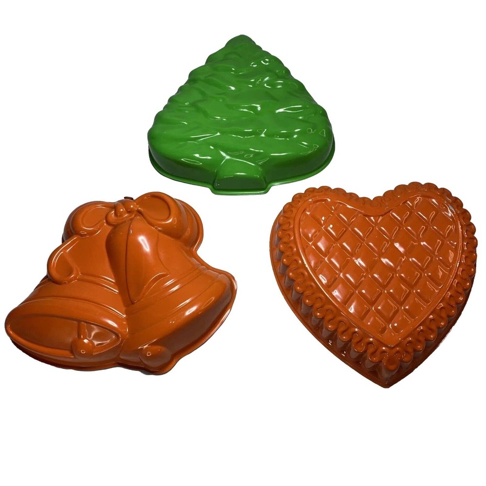 3 Holiday Aluminum Cake Pans Christmas Tree Heart Double Bells Salad Jello‎ Mold